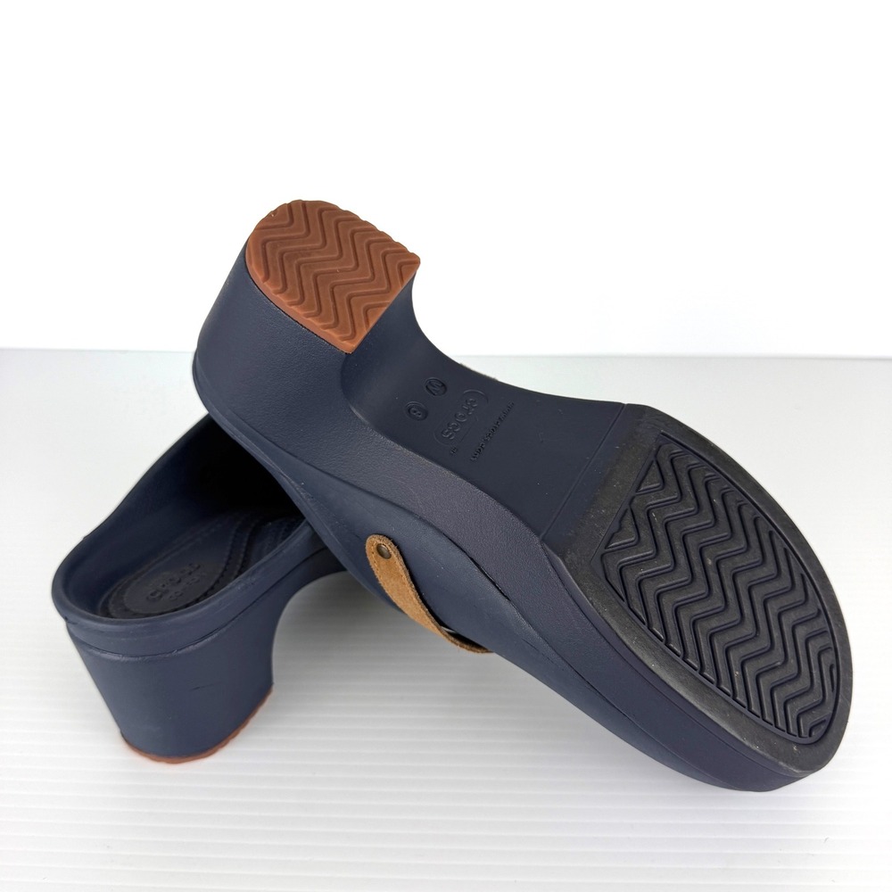 Crocs Leigh II Buckle Clog Wedge Navy Tan Suede Strap Platform Mules‎ Womens 8 - Picture 6 of 9